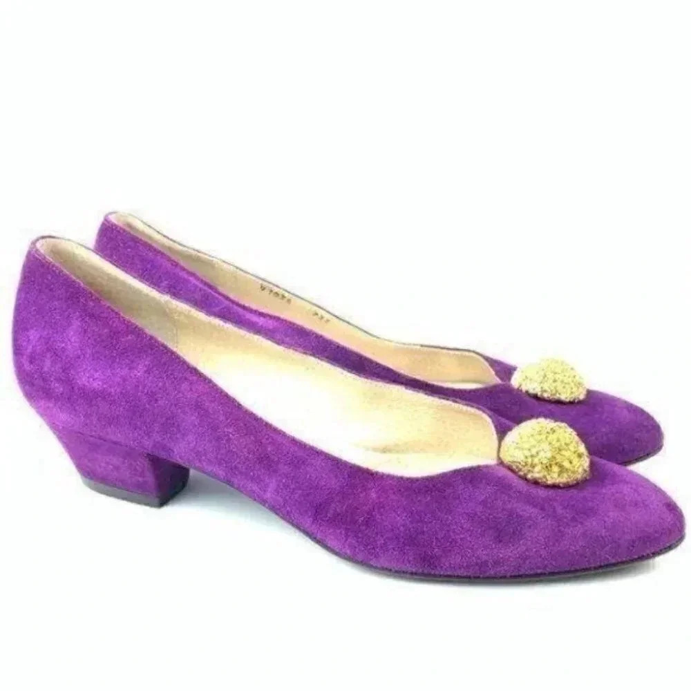 Bruno Magli heels 9 AA purple suede Italy gold - Picture 1 of 8
